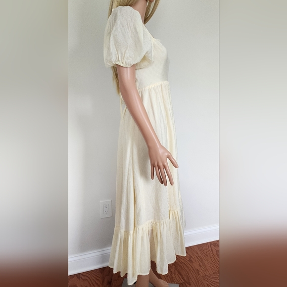 WAYF DRESS Puff sleeves yellow cream striped open back frills midi small NWT - Picture 10 of 16
